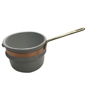 Vintage Grey Enamel Saucepan with Copper Band and Brass Handle Small Pot